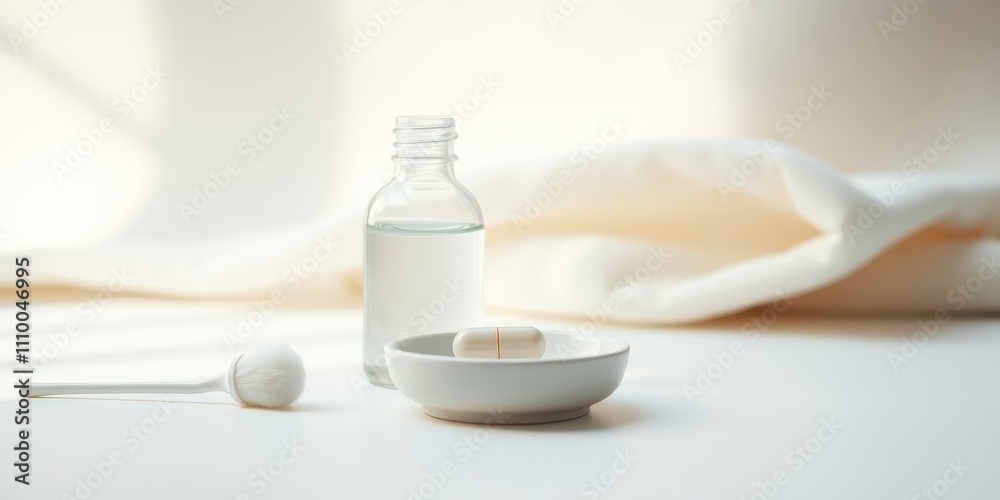 A Simple Minimalist Composition Featuring a Glass Bottle, a Small White Bowl with a Pill, and a White Brush on a White Surface with a Fabric Drape in the Background A Simple Minimalist Composition Featuring a Glass Bottle, a Small White Bowl with a Pill, and a White Brush on a White Surface with a Fabric Drape in the Background