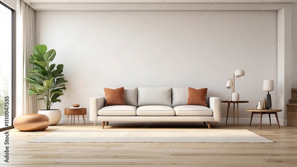 3D depiction of a modern, mid-century, minimalist living room with a wood floor, white walls, and an empty space 3D depiction of a modern, mid-century, minimalist living room with a wood floor, white walls, and an empty space