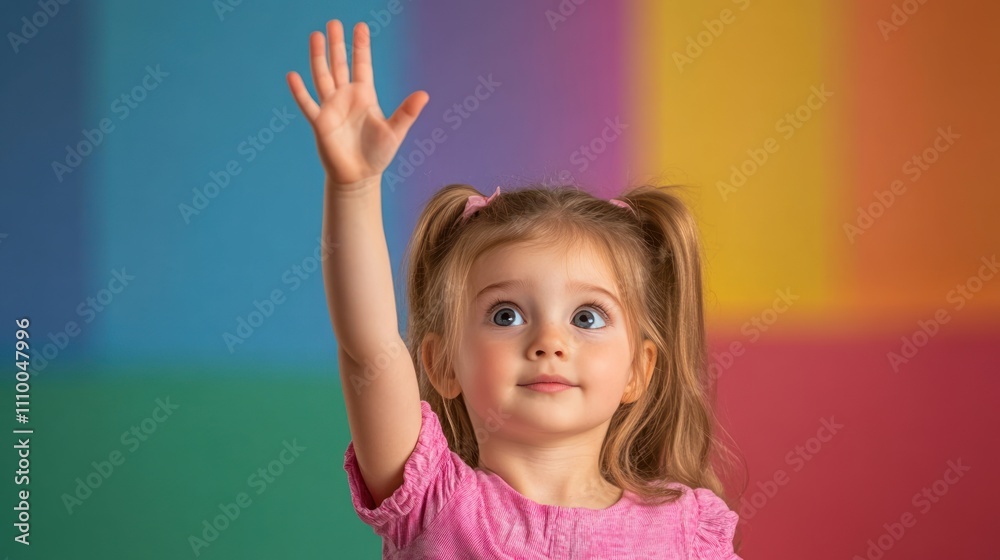Child's Hand Raised in Classroom with Colorful Blurred Background Child's Hand Raised in Classroom with Colorful Blurred Background