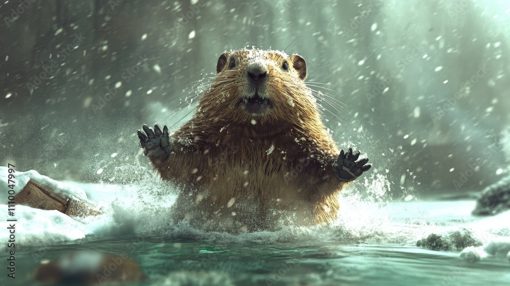 A surprised beaver splashes in a snowy environment, creating a whimsical and lively scene. A surprised beaver splashes in a snowy environment, creating a whimsical and lively scene.