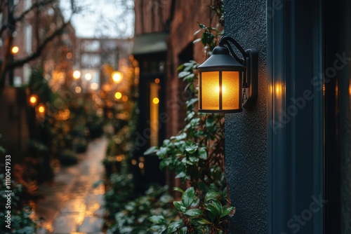 Warm-lit wall lantern on a brick building, foliage nearby. Perfect for themes of cozy evenings, autumn ambiance, and urban charm. photo