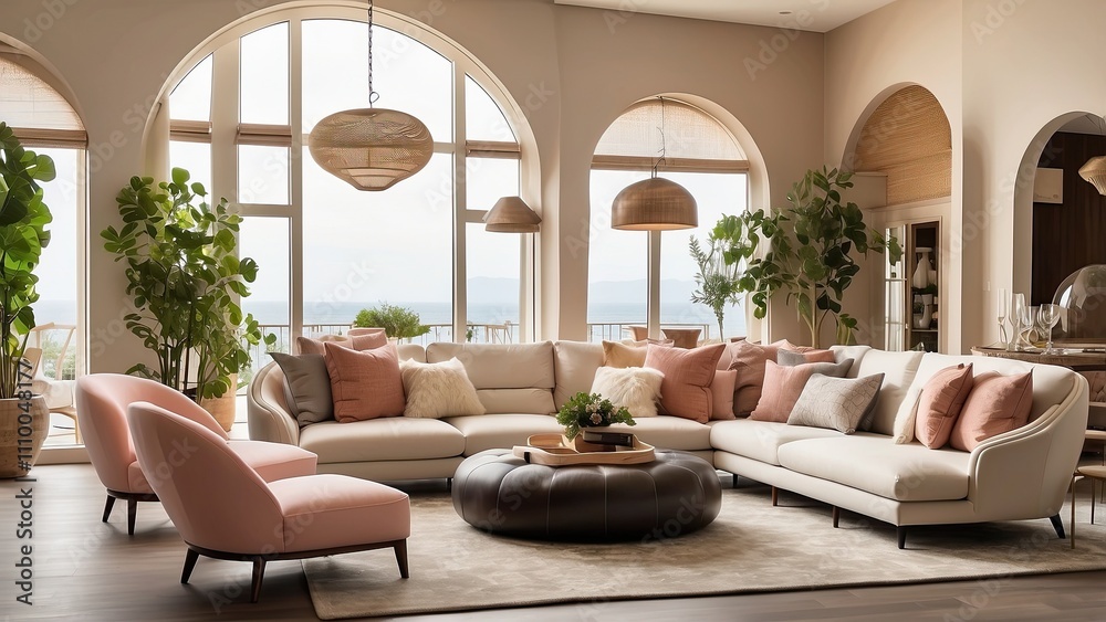 An overview of the inside of a lavish living room featuring a sofa, armchairs, and a hanging basket chair An overview of the inside of a lavish living room featuring a sofa, armchairs, and a hanging basket chair