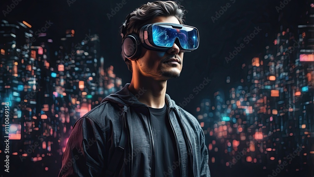A human travels to pixels while wearing virtual glasses. The man wearing virtual reality glasses. Concept of future technology. contemporary imaging technique A human travels to pixels while wearing virtual glasses. The man wearing virtual reality glasses. Concept of future technology. contemporary imaging technique