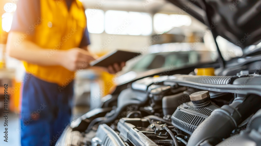 mechanic using tablet to check vehicle details in workshop mechanic using tablet to check vehicle details in workshop