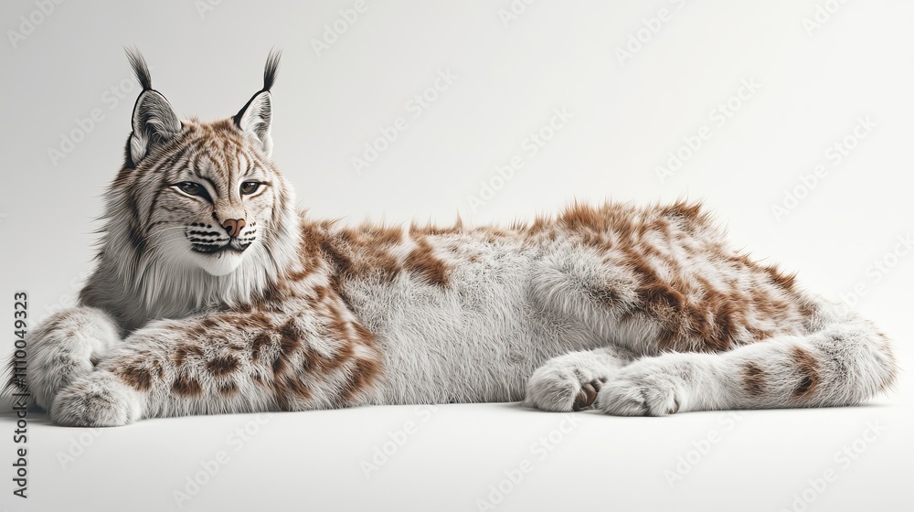 Naklejka premium A Beautiful Eurasian Lynx Resting Gracefully On White