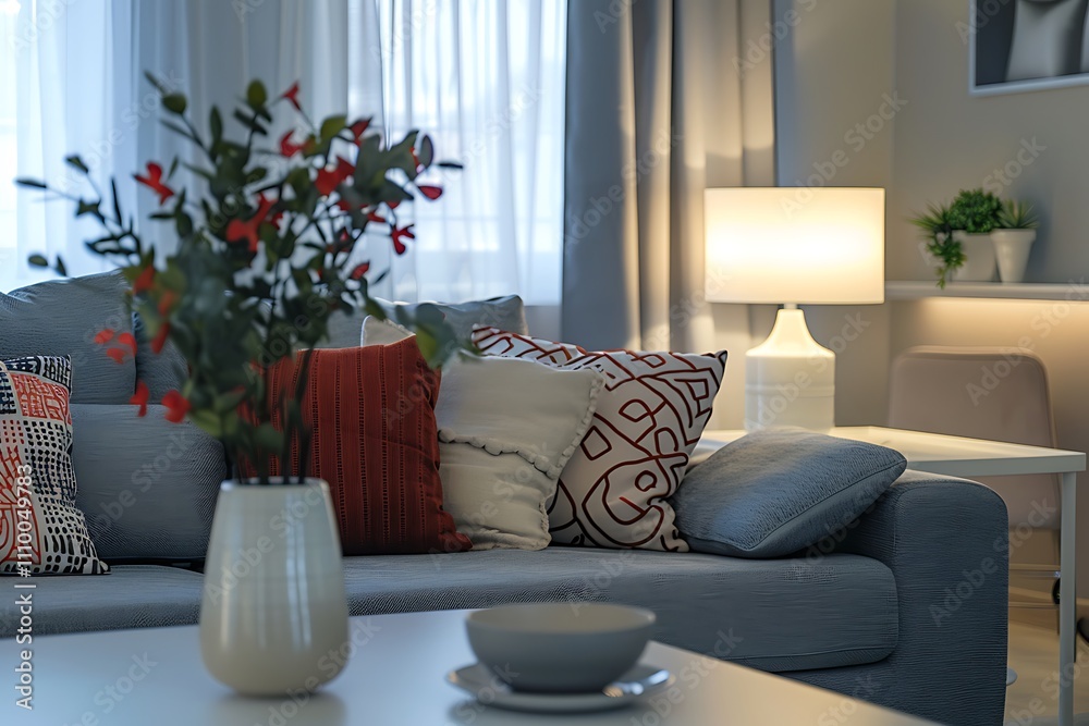 Fototapeta premium Modern living room interior with gray couch, white coffee table, plants and lamp with glass window