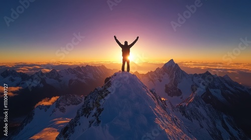 Triumphant Hiker at Sunrise: Conquering Snow Capped Mountains in Adventure and Achievement