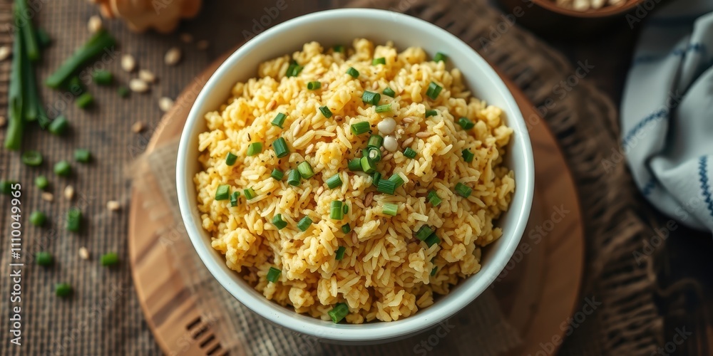 A bowl of golden rice with chopped scallions, seeds, and spices, ready to be enjoyed. A bowl of golden rice with chopped scallions, seeds, and spices, ready to be enjoyed.