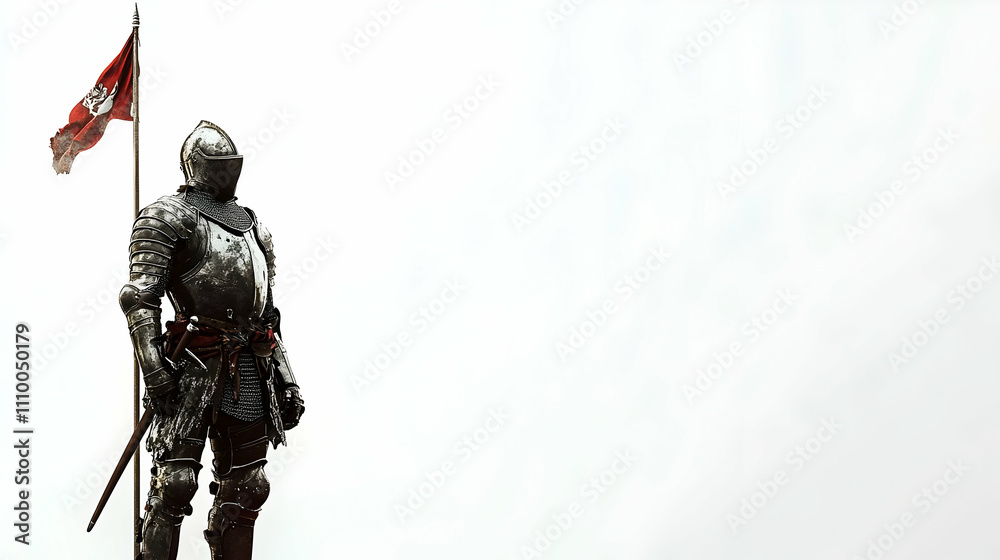Fototapeta premium A knight in armor stands tall, holding a flag against a stark, light background.