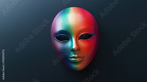 Colorful Alien Mask Artwork on Dark Background with Smooth Texture and Reflective Surface, Perfect for Creative and Artistic Projects, Symbolizing Mystery and Imagination