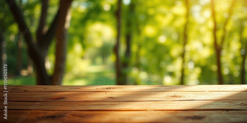 A Wooden Tabletop with a Softly Blurred Background of Sunlit Green Trees A Wooden Tabletop with a Softly Blurred Background of Sunlit Green Trees