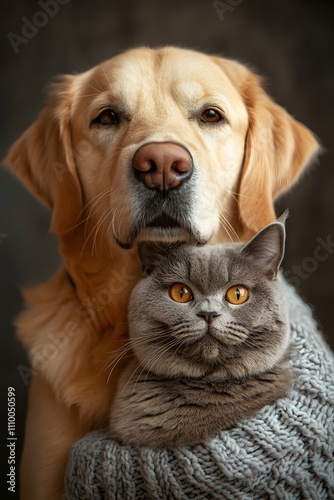 An image of a dog and cat happily hugging under soft lighting is perfect for promoting love, warmth, and harmony, evoking a sense of comfort and reassurance in viewers.