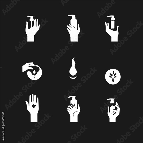 Collection Set of hand washing icons in thin line style. Hygiene icon. Icons such as washing hands, soap, alcohol, detergent, anti-bacterial