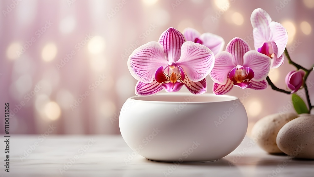 A delicate pink orchid in full bloom, displayed in a smooth, white ceramic pot, surrounded by a soft and dreamy bokeh background of pastel colors, emphasizing the beauty of the flowers. --ar 3:2 --v 4
