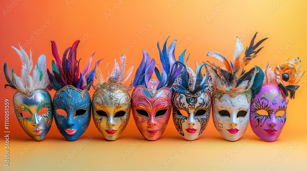 Obraz premium Colorful Decorative Masks Displayed in a Row Against a Gradient Background Featuring Feathers, Intricate Designs, and Glimmering Details for Festive Occasions