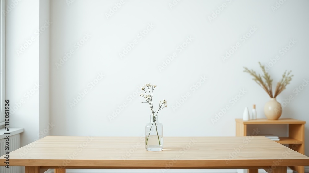 Fototapeta premium Minimalist wooden table with a vase of delicate white flowers in a bright, airy room.