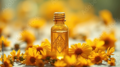 A small glass bottle of golden liquid surrounded by bright yellow petals of a flower, in a soft focus setting