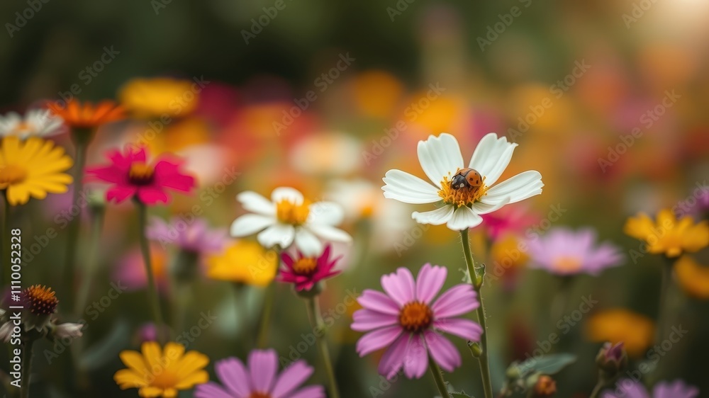 Fototapeta premium A ladybug perched on a white daisy in a field of colorful wildflowers, basking in the golden sunlight.
