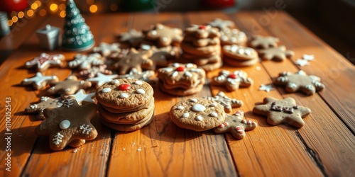 Homemade gingerbread cookies decorated with white icing and red candy dots arranged on a rustic wooden table with a warm glow from sunlight.