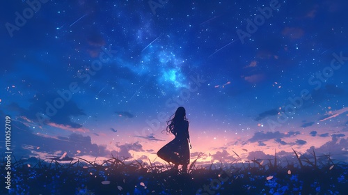 Girl gazing at starry night, peaceful lofi anime style