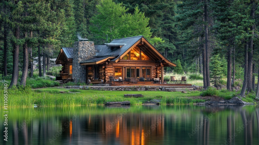 Rustic log cabin by tranquil lake, illuminated at dusk. Perfect for websites, blogs, or travel brochures showcasing peaceful getaways and cozy accommodations. Rustic log cabin by tranquil lake, illuminated at dusk. Perfect for websites, blogs, or travel brochures showcasing peaceful getaways and cozy accommodations.