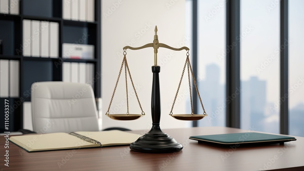Justice scales on a desk in a contemporary attorney's office with a hazy backdrop Justice scales on a desk in a contemporary attorney's office with a hazy backdrop