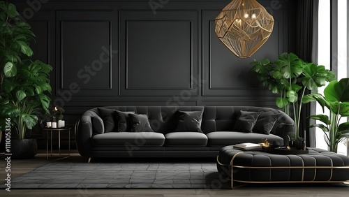Black interior design is a modern classic. A green houseplant, a massive black sofa, and a sofa covered in pricey fabric. A dark, black