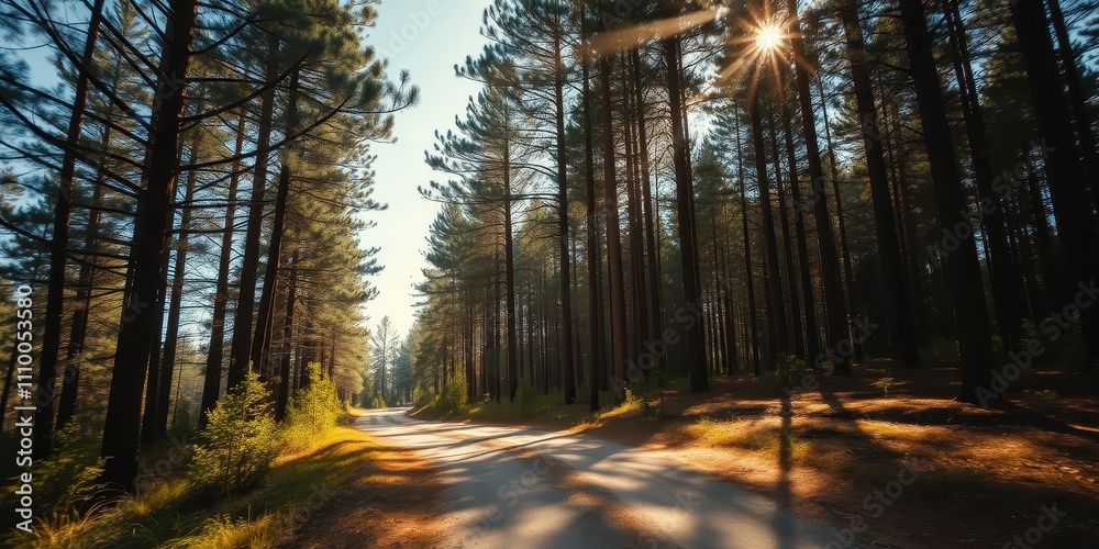 A sunlit path winds through a dense forest, sunlight streams through the tall trees casting long shadows on the forest floor A sunlit path winds through a dense forest, sunlight streams through the tall trees casting long shadows on the forest floor