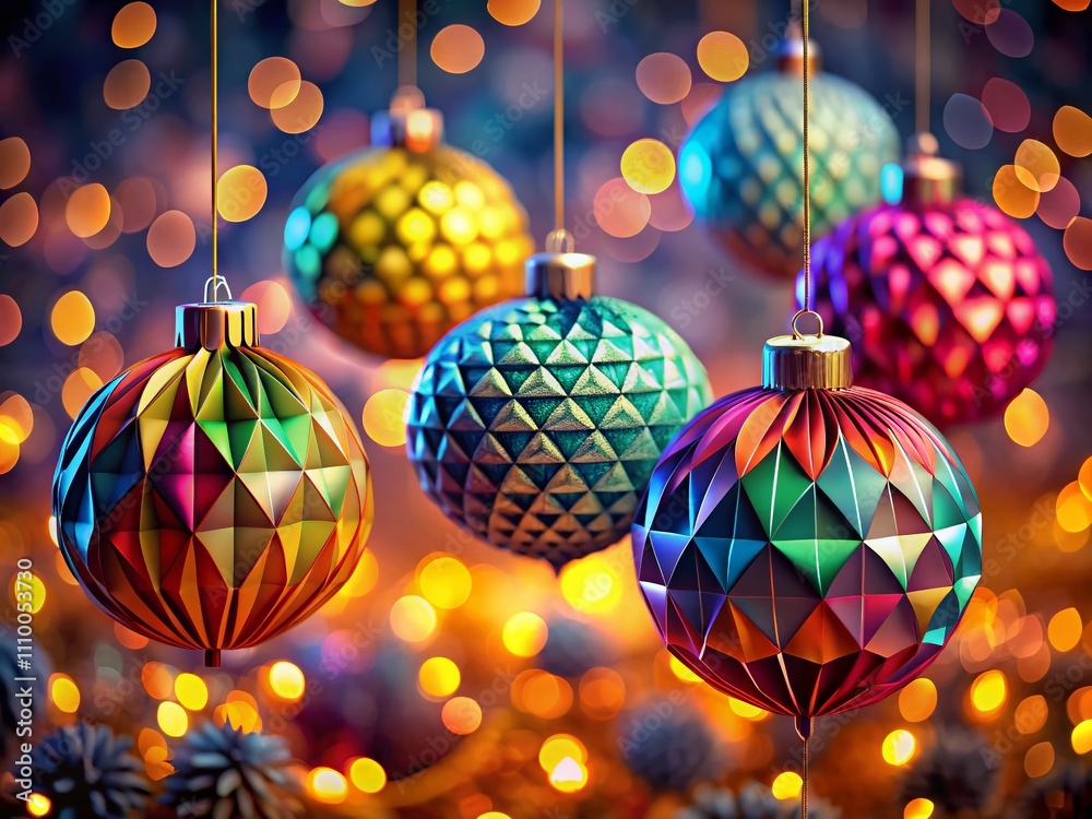 3D Christmas Ornaments, Origami Background, Low Light 3D Christmas Ornaments, Origami Background, Low Light
