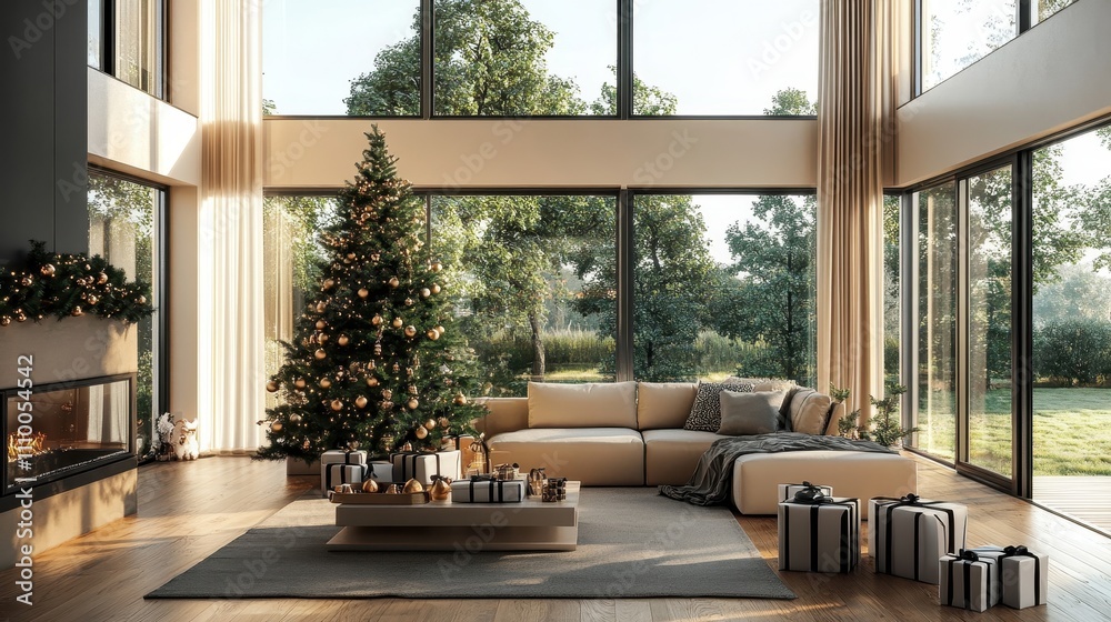 Fototapeta premium Modern Open Plan Living Room Decorated for Holidays