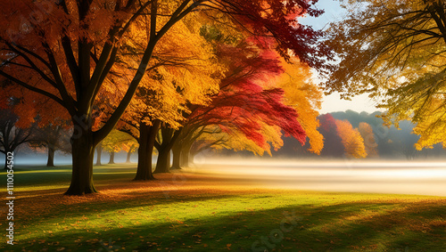 a stunning autumn landscape with richly colored foliage and leaves cascading through the air, set in a peaceful park environment. photo