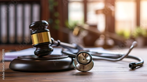 A gavel and stethoscope on a desk, symbolizing the intersection of law and healthcare.