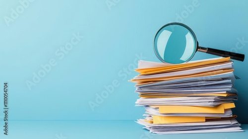 Under the magnifying glass of scrutiny, effective business planning Concept, Stack of Financial Documents Under Magnifying Glass on Blue Background for Analysis and Review photo