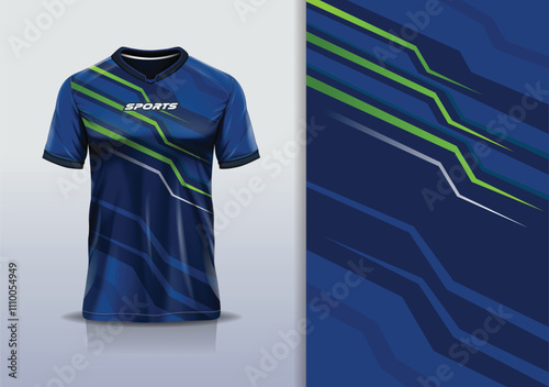 T-shirt mockup abstract stripe line jersey design for football, soccer, racing, esports, running, in blue navy green color