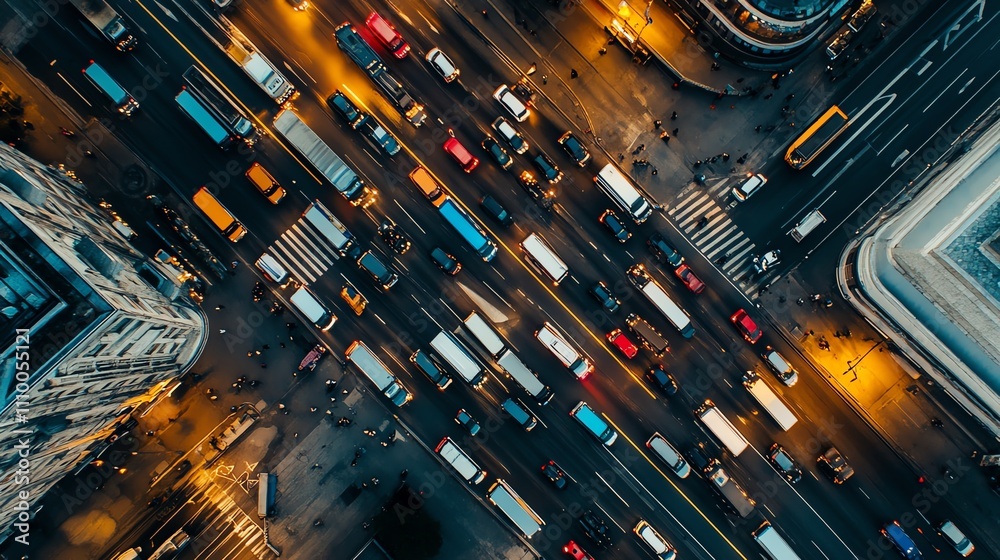Aerial city view showcasing busy traffic on urban streets. Aerial city view showcasing busy traffic on urban streets.