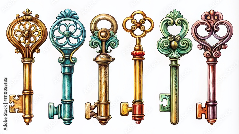 Fototapeta premium Antique Keys Sketch Illustration - Vintage Key Set