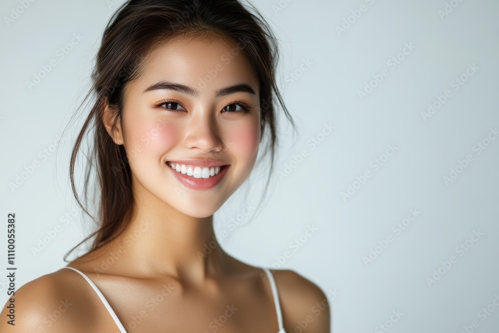 With radiant complexion, an Asian woman exudes elegance and vitality, making her image perfect for skincare and beauty product promotions.