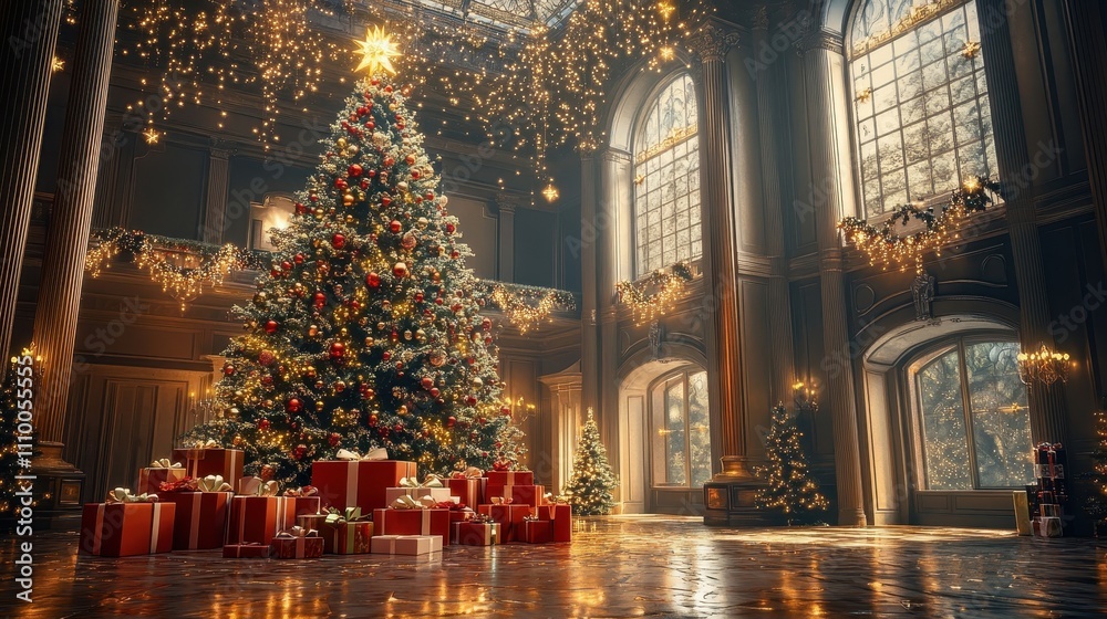 Elegant Christmas Scene with Tall Ceiling and Tree Elegant Christmas Scene with Tall Ceiling and Tree