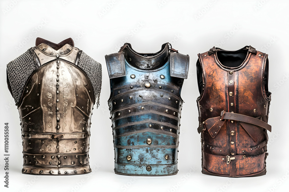Three distinct pieces of armor showcasing historical design and craftsmanship. Three distinct pieces of armor showcasing historical design and craftsmanship.