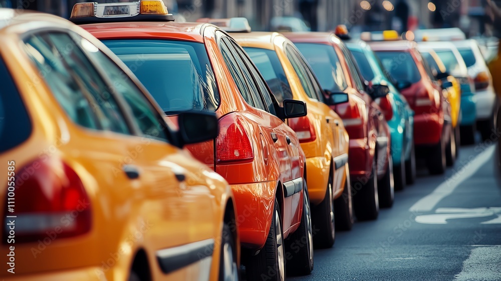 Colorful row of taxis waiting in urban traffic on busy street. Colorful row of taxis waiting in urban traffic on busy street.