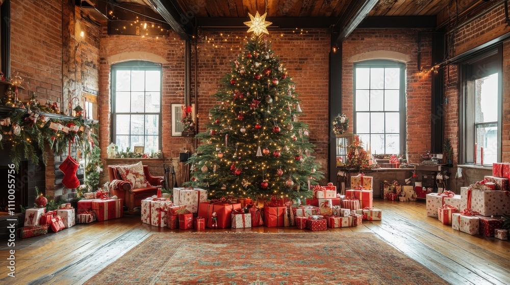 Festive Holiday Gathering with Christmas Tree and Gifts Festive Holiday Gathering with Christmas Tree and Gifts