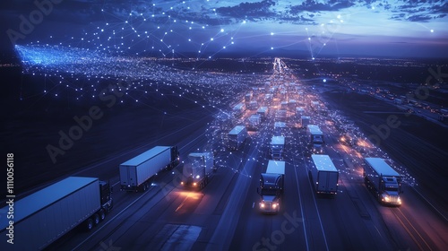 Trucks in motion with digital connections at twilight.