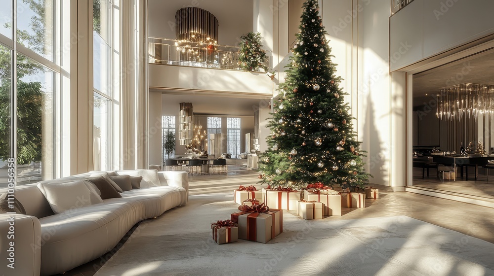 Luxurious Open Plan Living Area with Christmas Tree Luxurious Open Plan Living Area with Christmas Tree