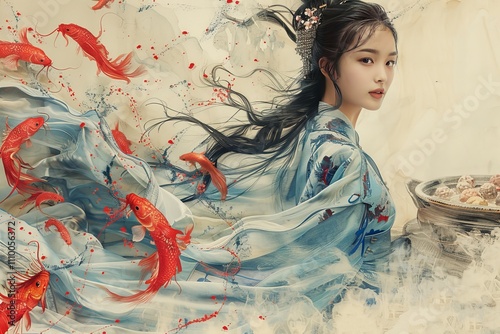 Asian Girl with Vibrant Food Effect Background