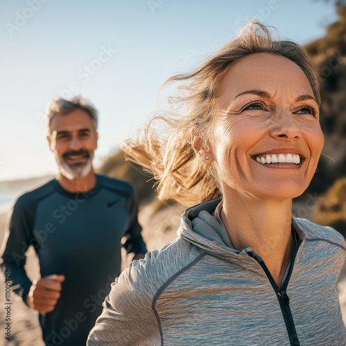 Middle aged Caucasian ouple during jogging workout on the beach. Jogging workout