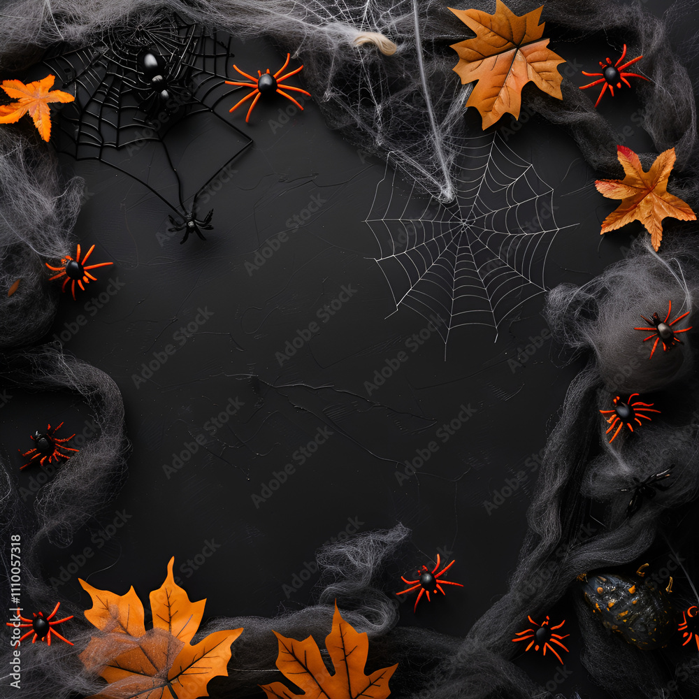 A spooky Halloween background with spiders, cobwebs, and leaves. A spooky Halloween background with spiders, cobwebs, and leaves.