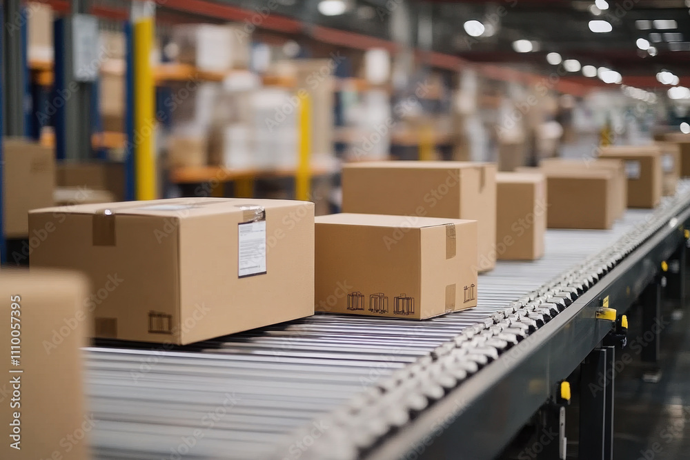 Closeup of multiple cardboard box packages seamlessly moving along a conveyor belt in a warehouse fulfillment center Closeup of multiple cardboard box packages seamlessly moving along a conveyor belt in a warehouse fulfillment center