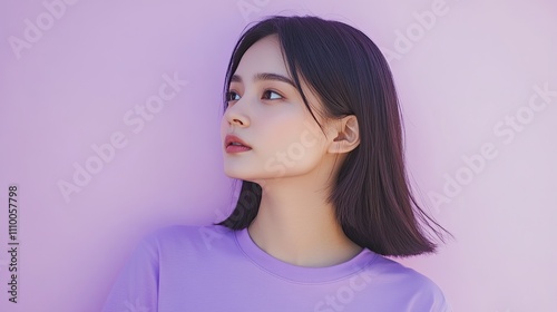 A young woman with straight dark hair, wearing a purple t-shirt, is looking to the side, isolated against a minimalistic violet background