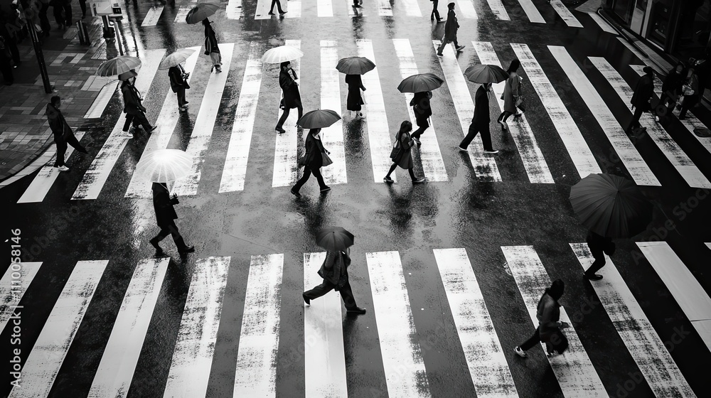 Obraz premium Rainy Day Crosswalk Pedestrians With Umbrellas