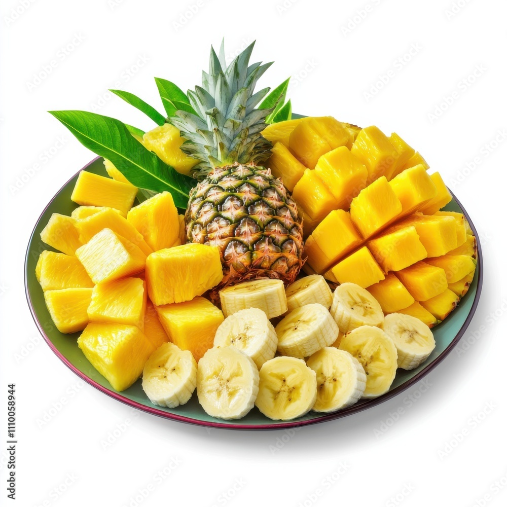 A tropical fruit platter with mango, pineapple, and banana slices A tropical fruit platter with mango, pineapple, and banana slices